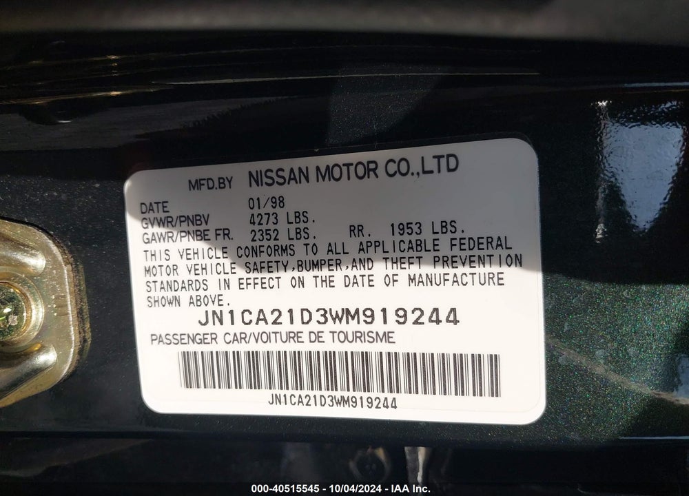 1998 NISSAN MAXIMA GLE/GXE/SE VIN: JN1CA21D3WM919244