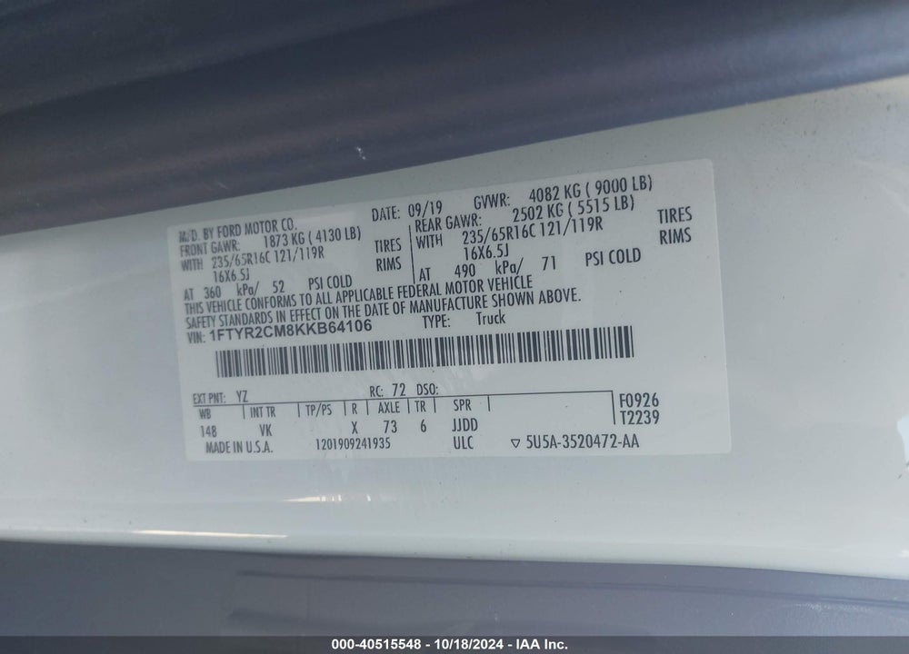 2019 FORD TRANSIT-250 VIN: 1FTYR2CM8KKB64106