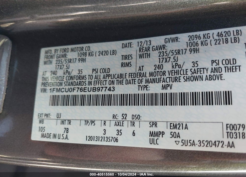 2014 FORD ESCAPE S VIN: 1FMCU0F76EUB97743