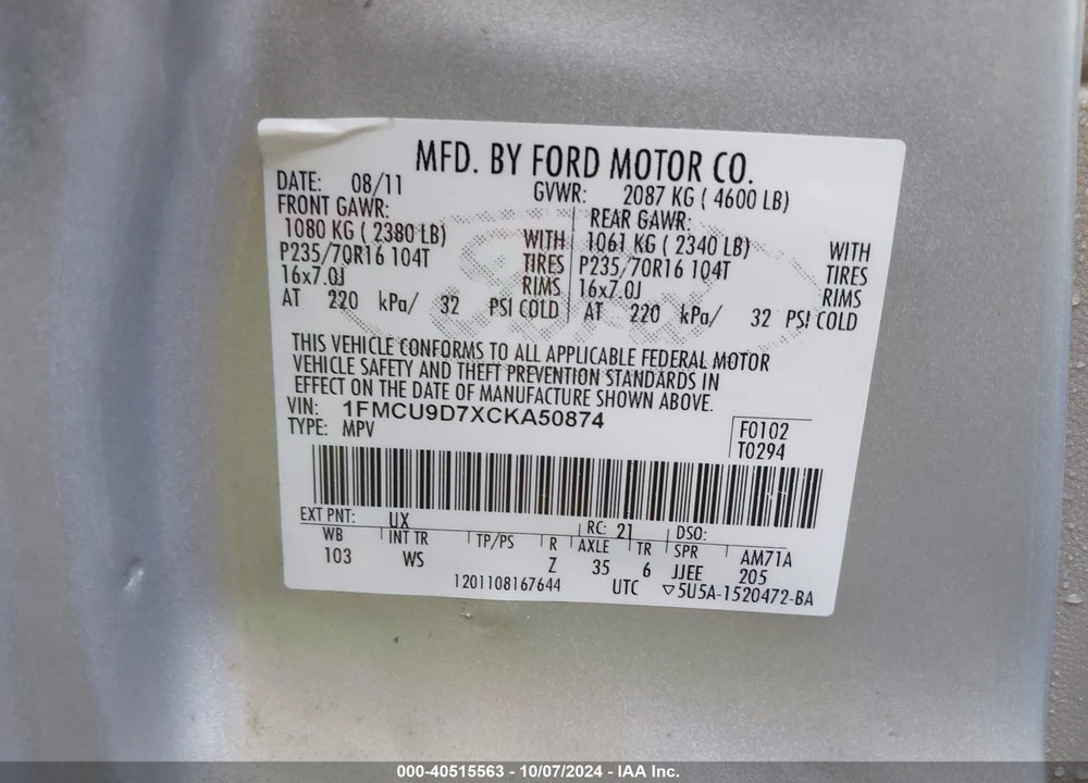 2012 FORD ESCAPE XLT VIN: 1FMCU9D7XCKA50874