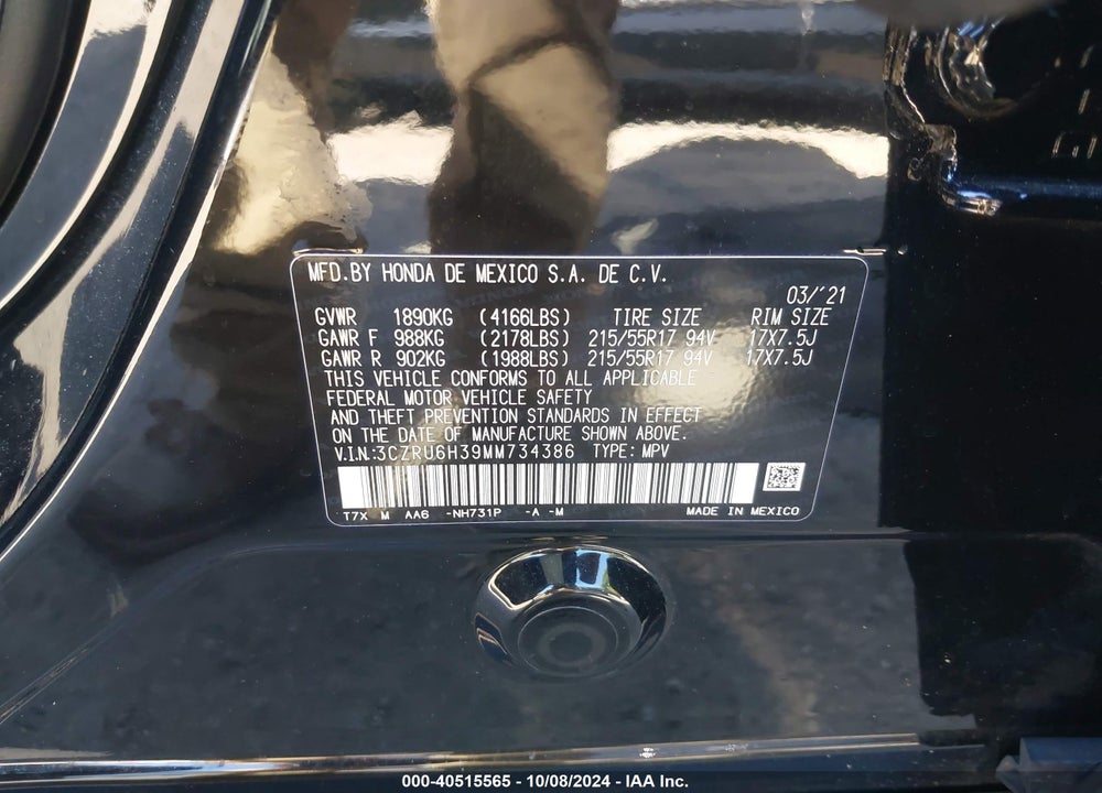 2021 HONDA HR-V AWD LX VIN: 3CZRU6H39MM734386