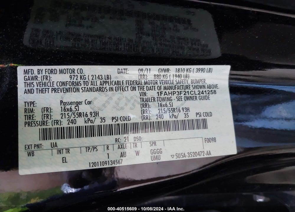 2012 FORD FOCUS SE VIN: 1FAHP3F21CL241258