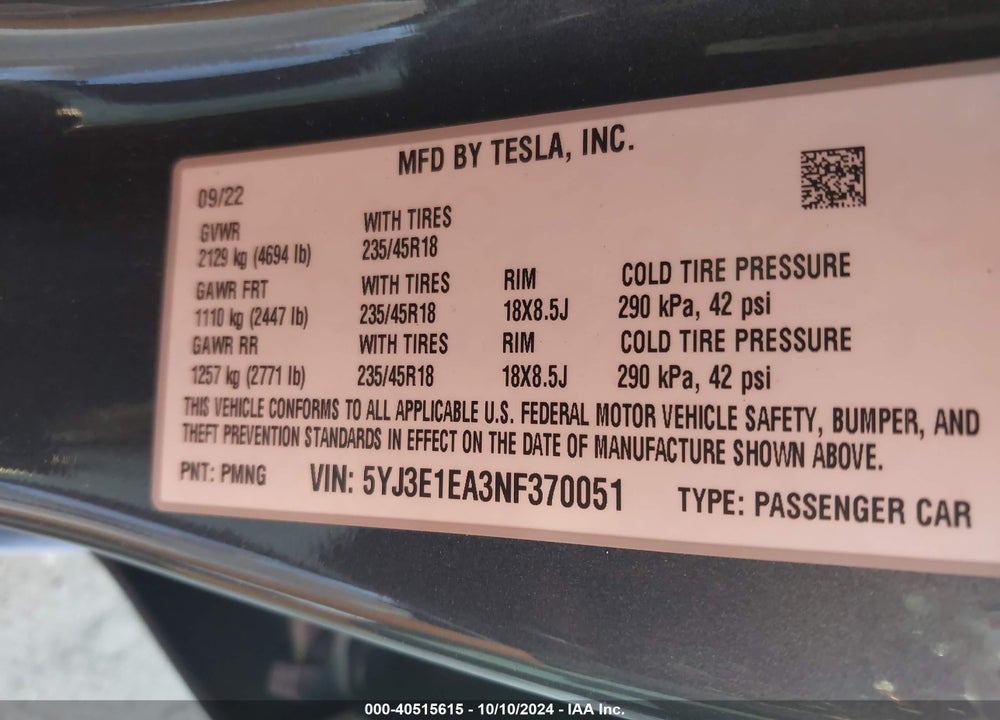 2022 TESLA MODEL 3 REAR-WHEEL DRIVE VIN: 5YJ3E1EA3NF370051
