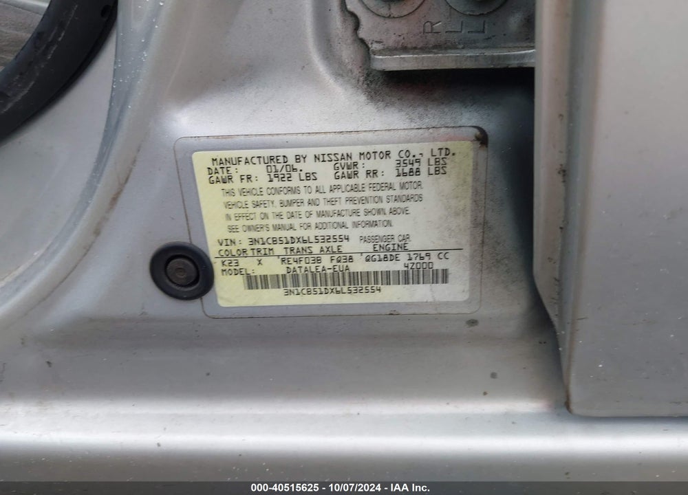 2006 NISSAN SENTRA 1.8S VIN: 3N1CB51DX6L532554