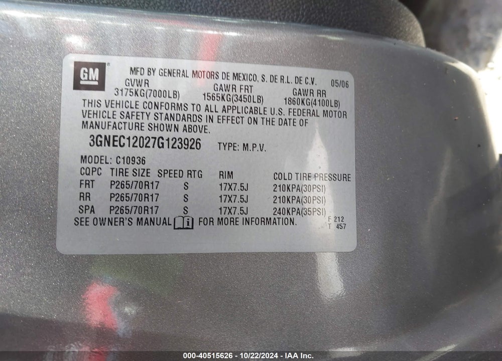 2007 CHEVROLET AVALANCHE 1500 LS VIN: 3GNEC12027G123926