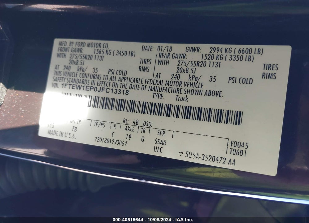 2018 FORD F-150 XLT VIN: 1FTEW1EP0JFC13318