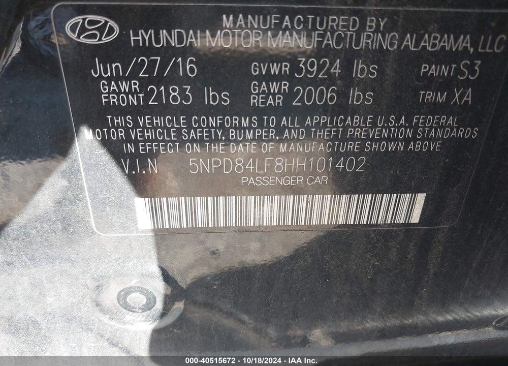 2017 HYUNDAI ELANTRA SE VIN: 5NPD84LF8HH101402
