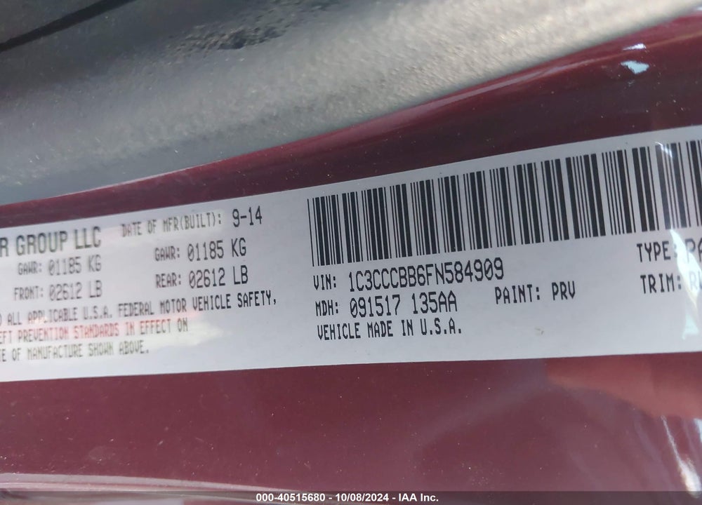 2015 CHRYSLER 200 S VIN: 1C3CCCBB6FN584909