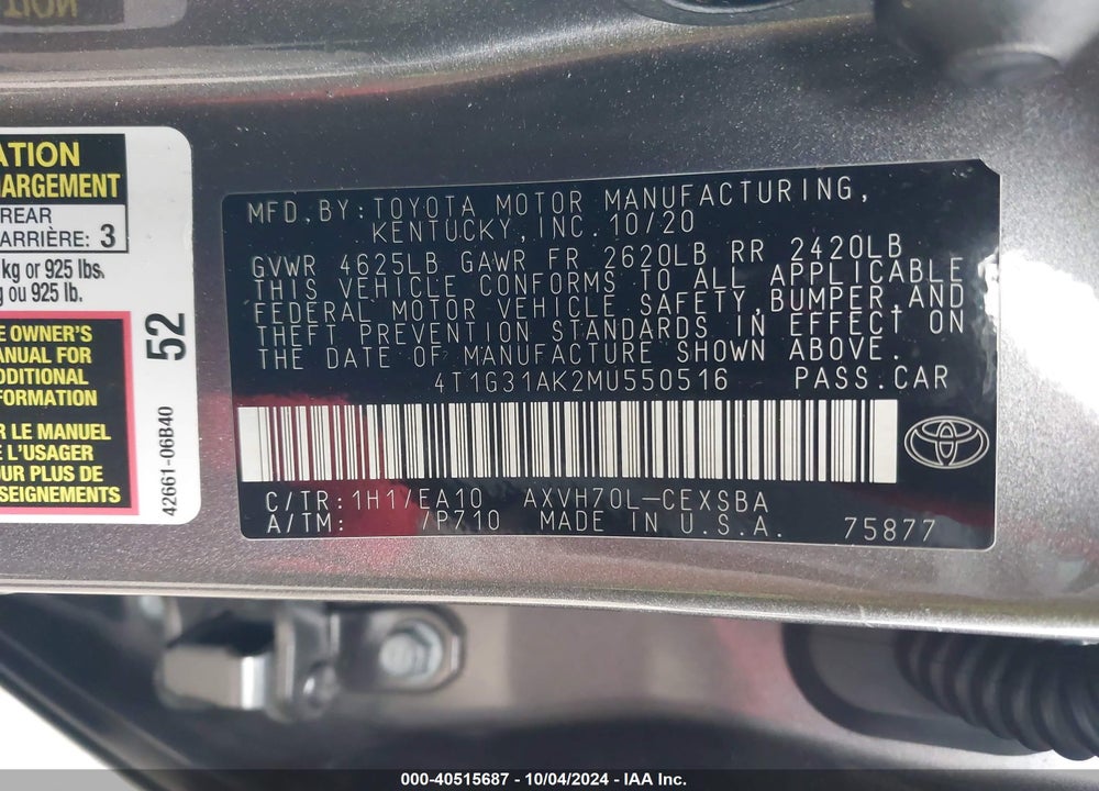 2021 TOYOTA CAMRY SE HYBRID VIN: 4T1G31AK2MU550516