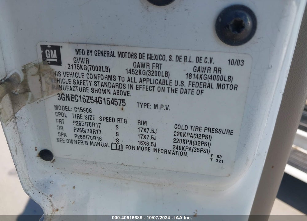 2004 CHEVROLET SUBURBAN 1500 LT VIN: 3GNEC16Z54G154575