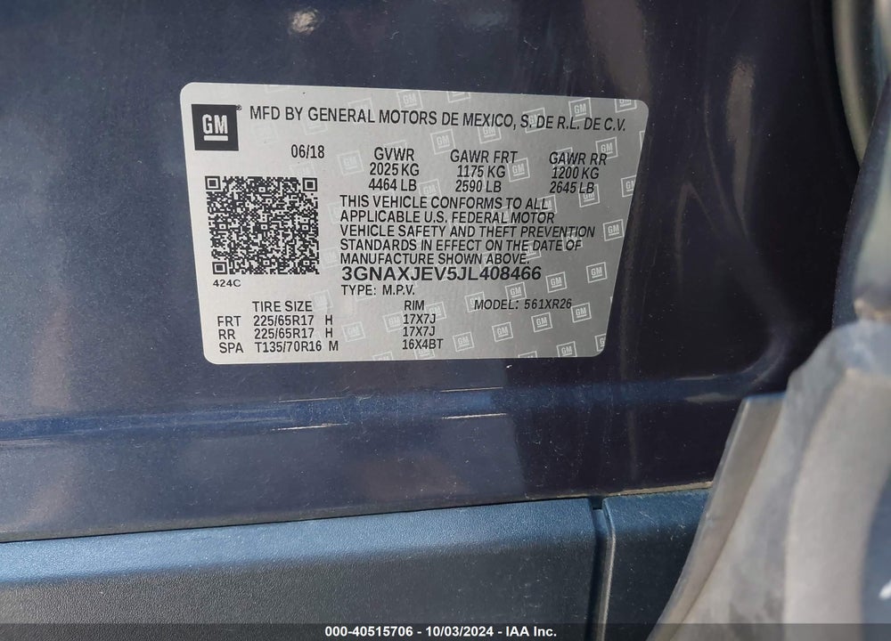 2018 CHEVROLET EQUINOX LT VIN: 3GNAXJEV5JL408466
