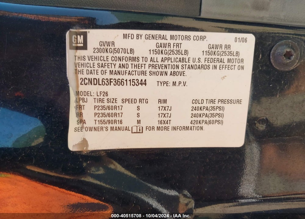 2006 CHEVROLET EQUINOX LT VIN: 2CNDL63F366115344