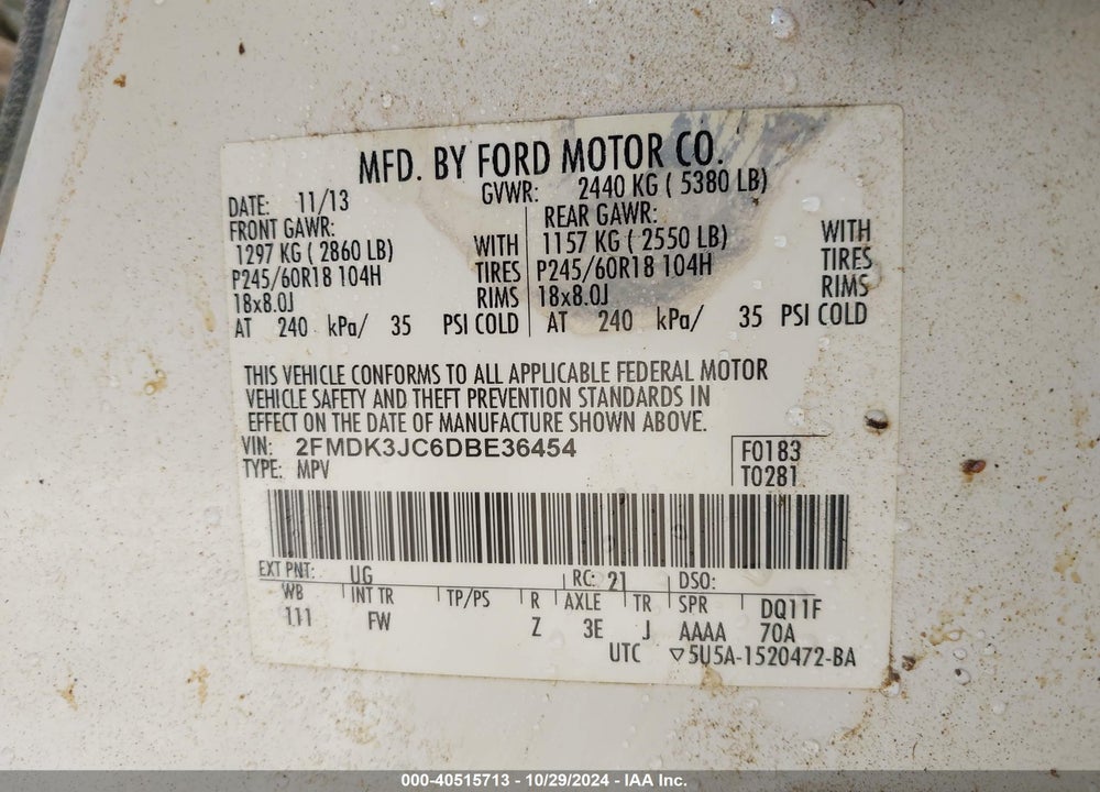 2013 FORD EDGE VIN: 2FMDK3JC6DBE36454