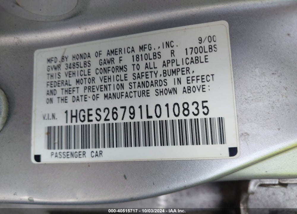 2001 HONDA CIVIC EX VIN: 1HGES26791L010835