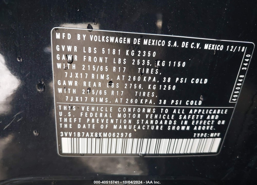 2019 VOLKSWAGEN TIGUAN 2.0T S VIN: 3VV1B7AX8KM062976