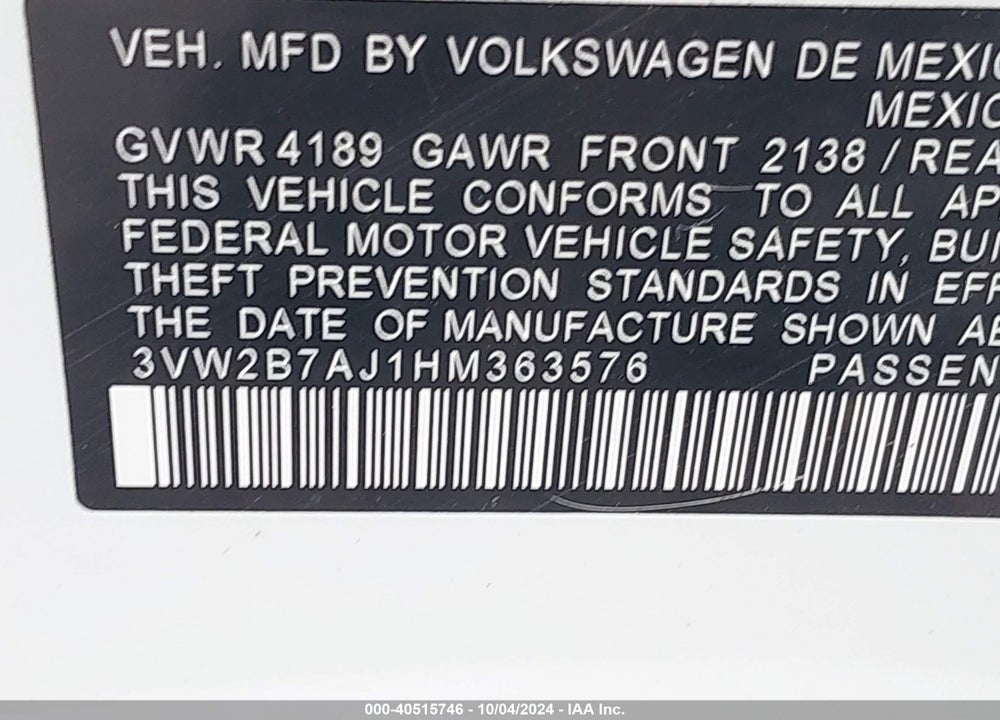 2017 VOLKSWAGEN JETTA VIN: 3VW2B7AJ1HM363576