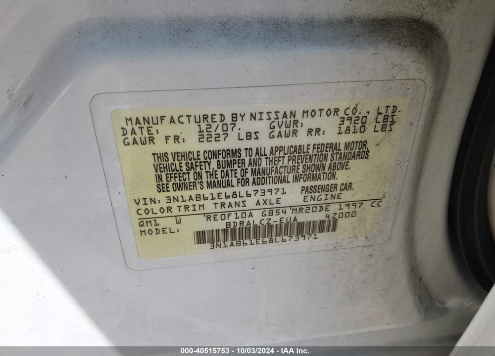 2008 NISSAN SENTRA 2.0 VIN: 3N1AB61E68L673971