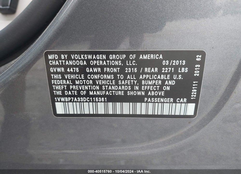 2013 VOLKSWAGEN PASSAT 2.5L SE VIN: 1VWBP7A33DC115361