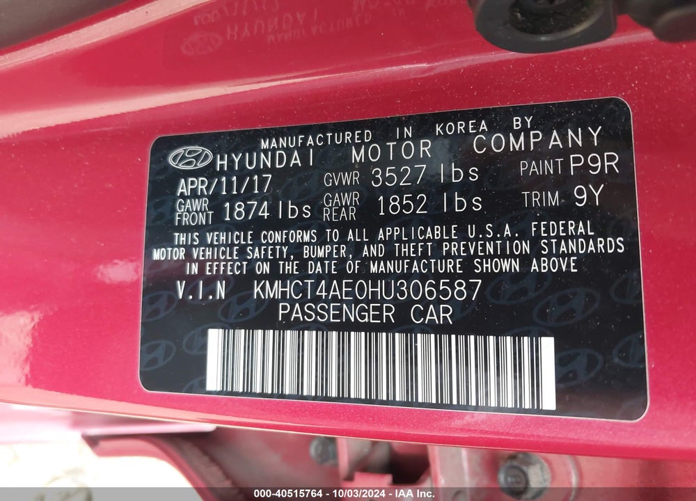 2017 HYUNDAI ACCENT SE VIN: KMHCT4AE0HU306587