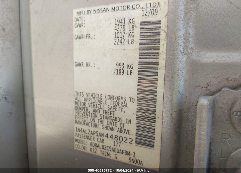 2010 NISSAN ALTIMA 2.5 S VIN: 1N4AL2AP5AN448022