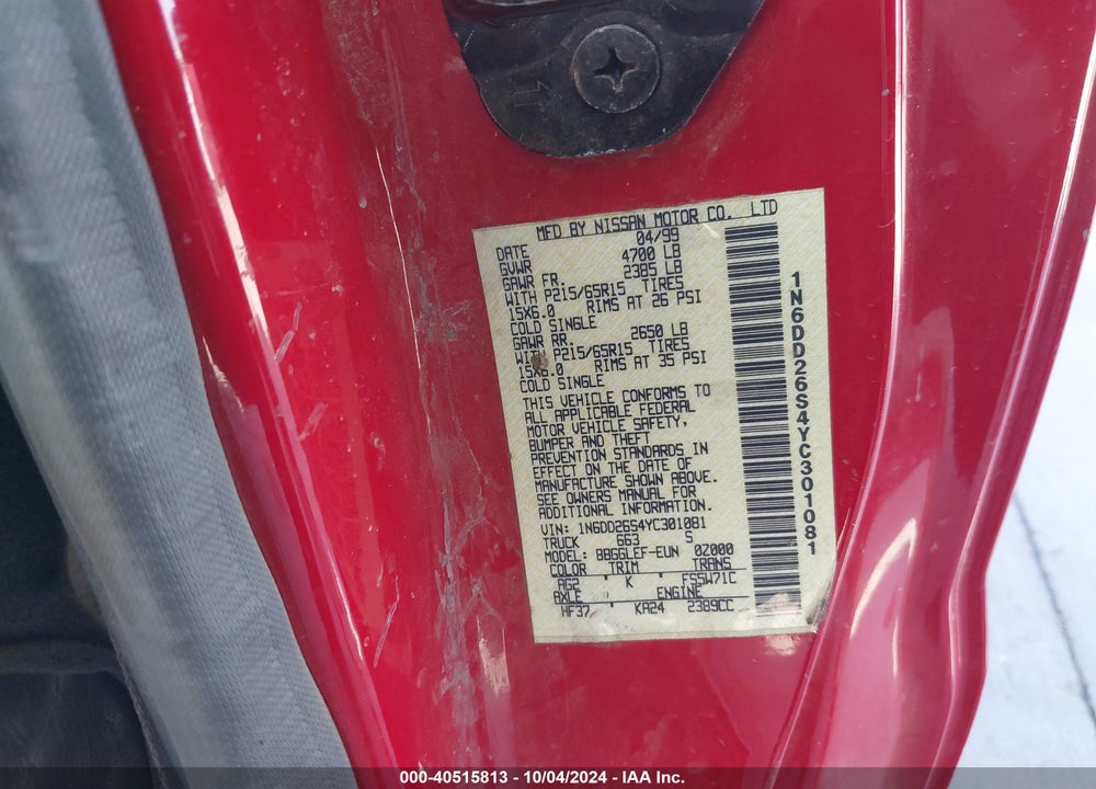 2000 NISSAN FRONTIER XE VIN: 1N6DD26S4YC301081