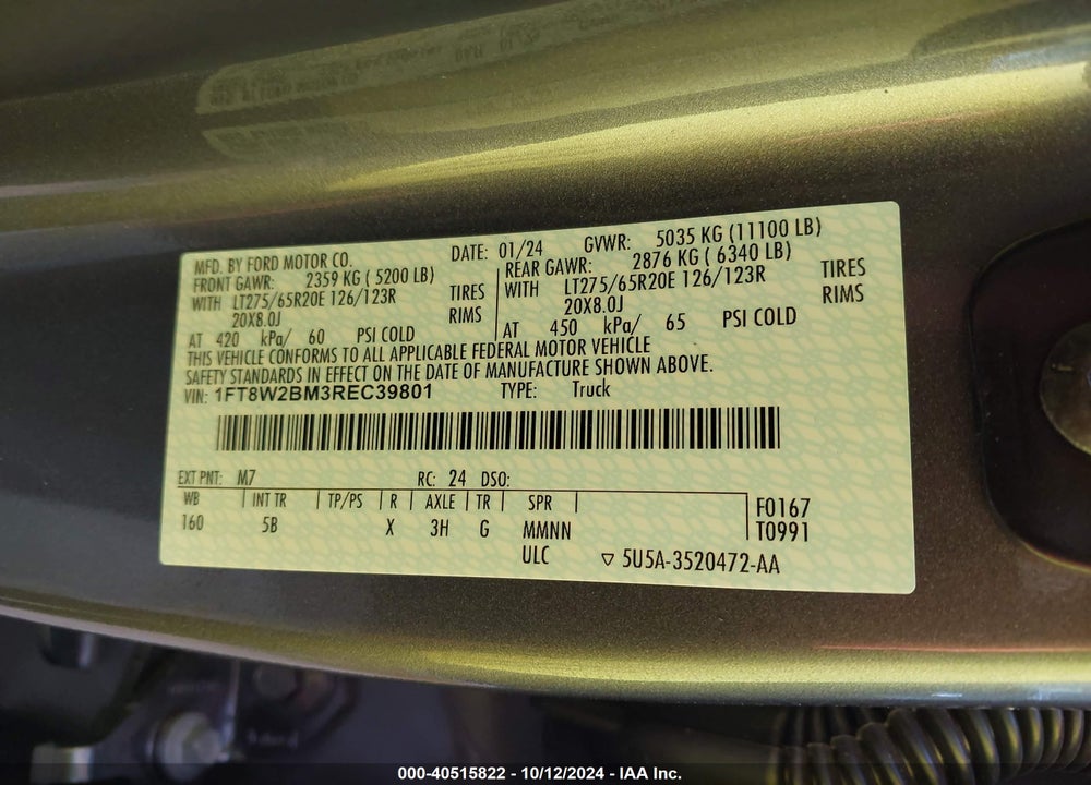 2024 FORD F-250 LARIAT VIN: 1FT8W2BM3REC39801