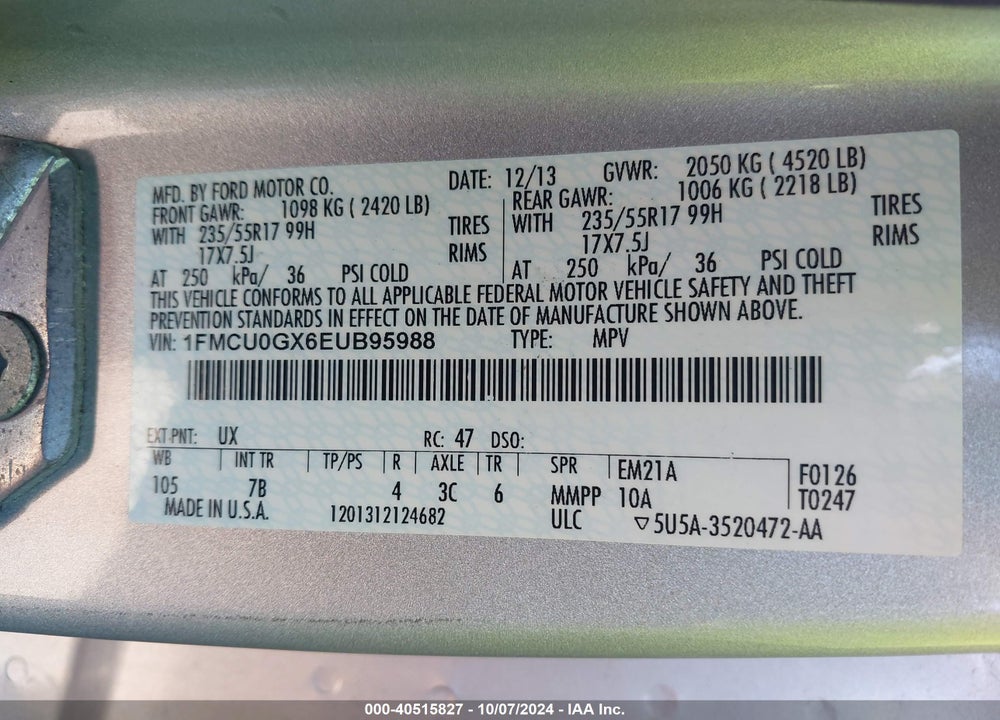 2014 FORD ESCAPE SE VIN: 1FMCU0GX6EUB95988
