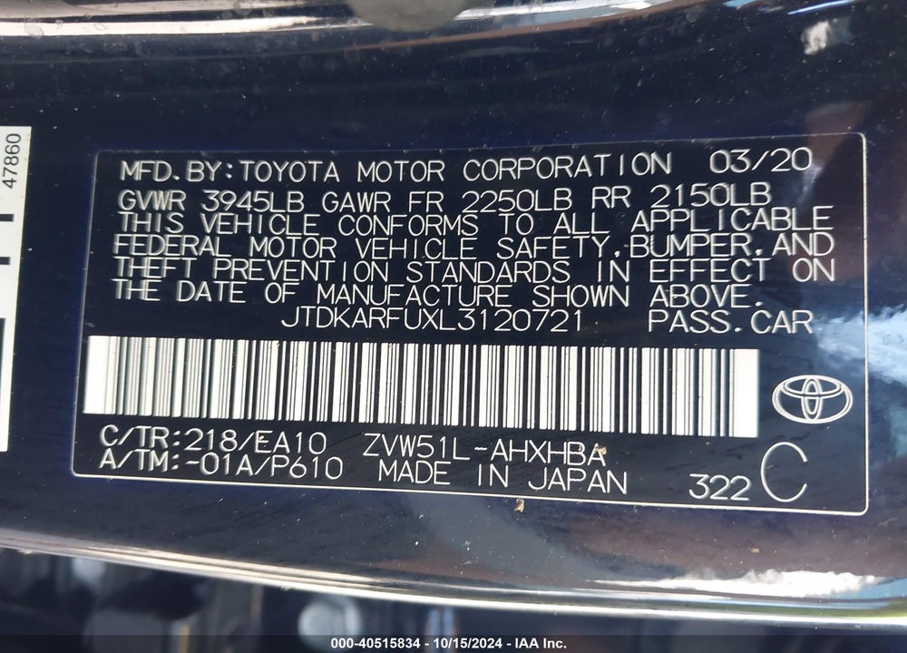 2020 TOYOTA PRIUS XLE VIN: JTDKARFUXL3120721