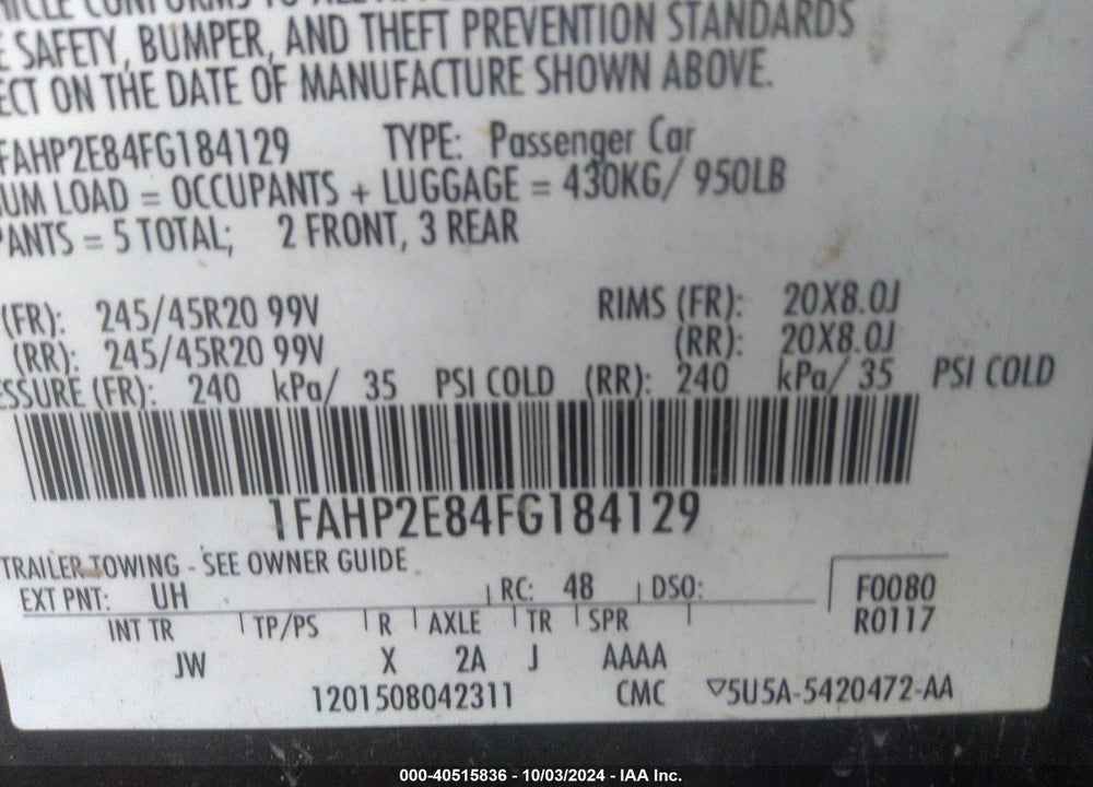 2015 FORD TAURUS SEL VIN: 1FAHP2E84FG184129