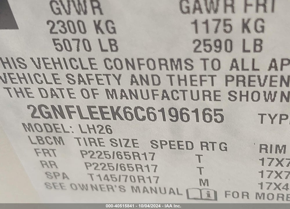 2012 CHEVROLET EQUINOX 1LT VIN: 2GNFLEEK6C6196165