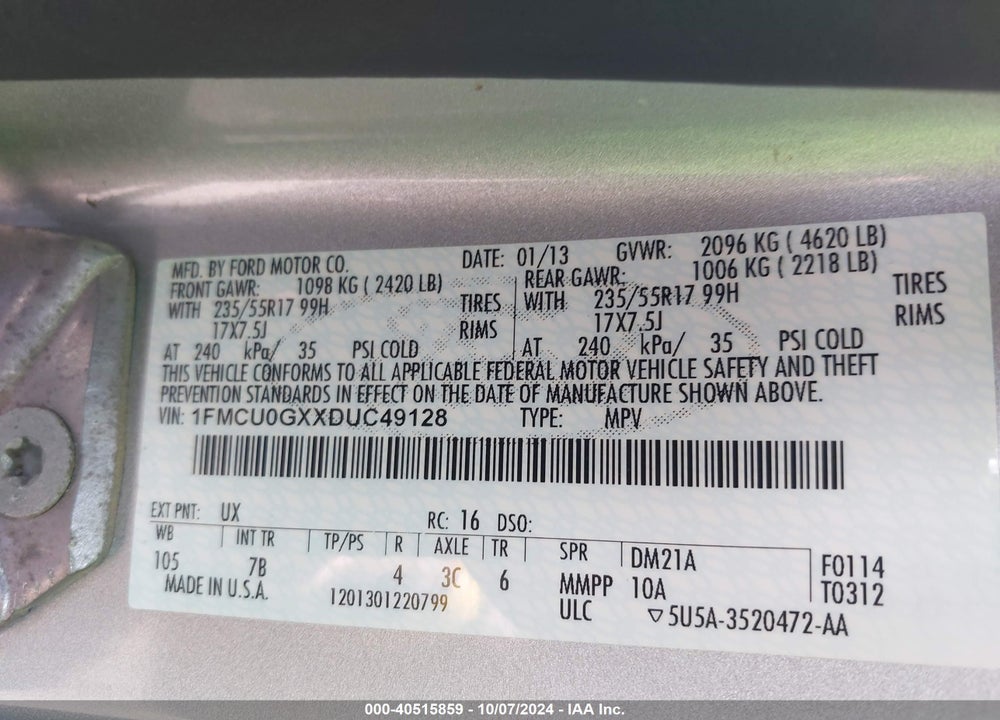 2013 FORD ESCAPE SE VIN: 1FMCU0GXXDUC49128