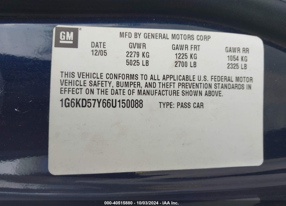 2006 CADILLAC DTS STANDARD VIN: 1G6KD57Y66U150088