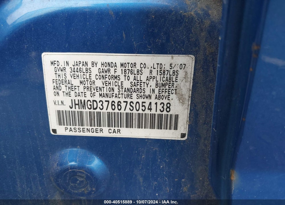 2007 HONDA FIT SPORT VIN: JHMGD37667S054138