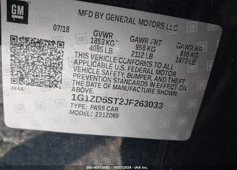2018 CHEVROLET MALIBU LT VIN: 1G1ZD5ST2JF263033