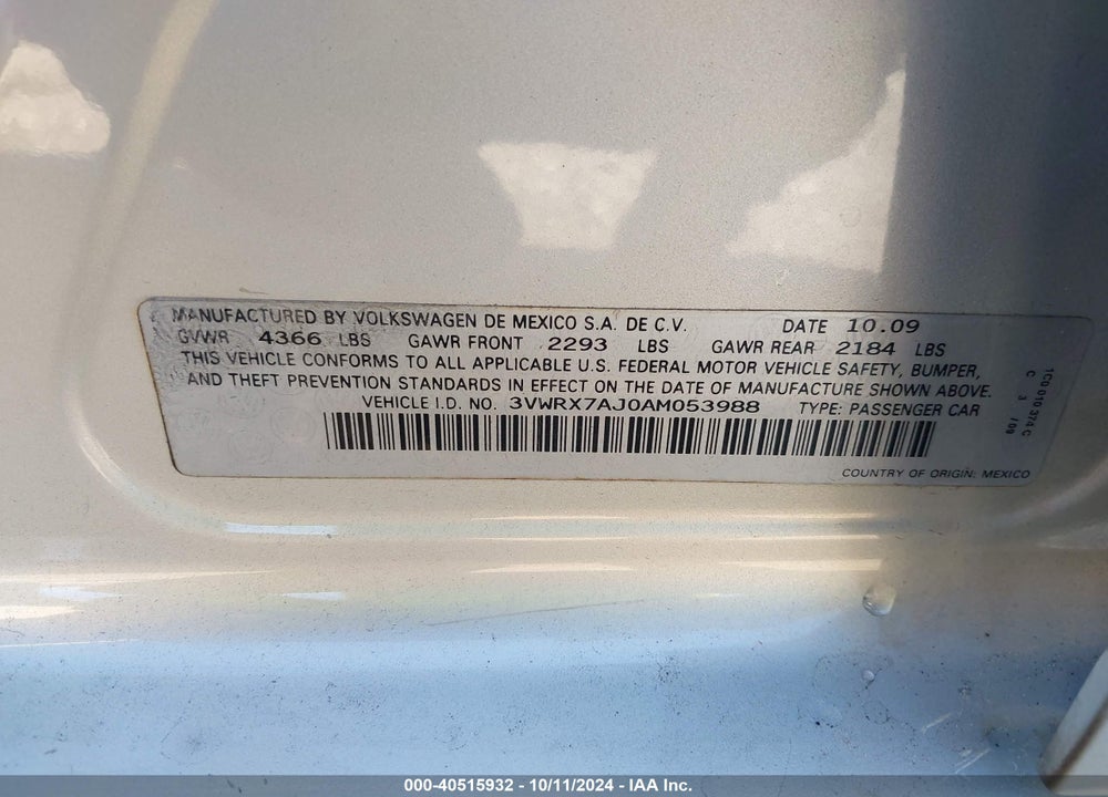 2010 VOLKSWAGEN JETTA SE VIN: 3VWRX7AJ0AM053988