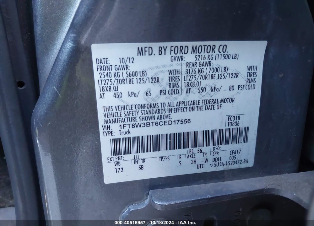 2012 FORD F-350 LARIAT VIN: 1FT8W3BT6CED17556