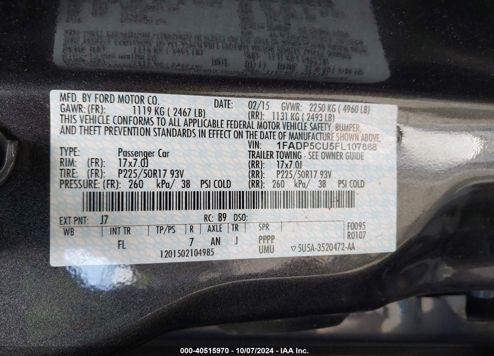 2015 FORD C-MAX ENERGI SEL VIN: 1FADP5CU5FL107888