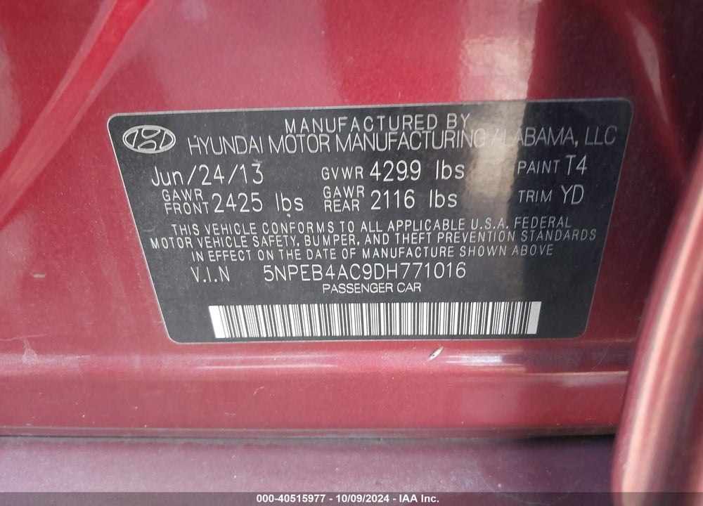 2013 HYUNDAI SONATA GLS VIN: 5NPEB4AC9DH771016