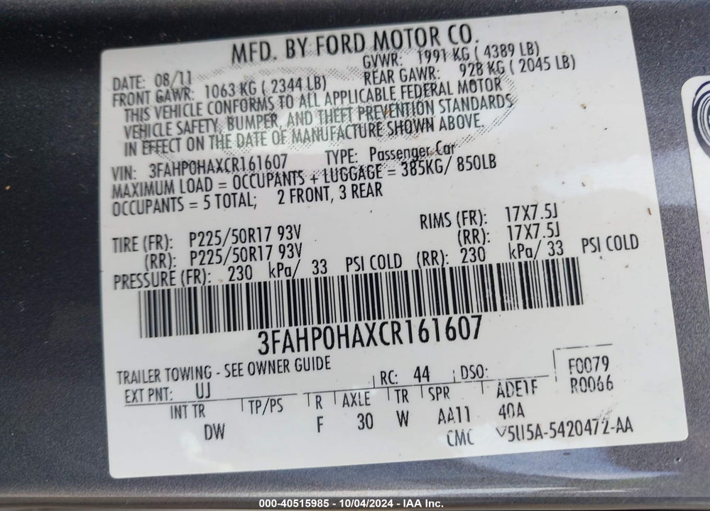 2012 FORD FUSION SE VIN: 3FAHP0HAXCR161607