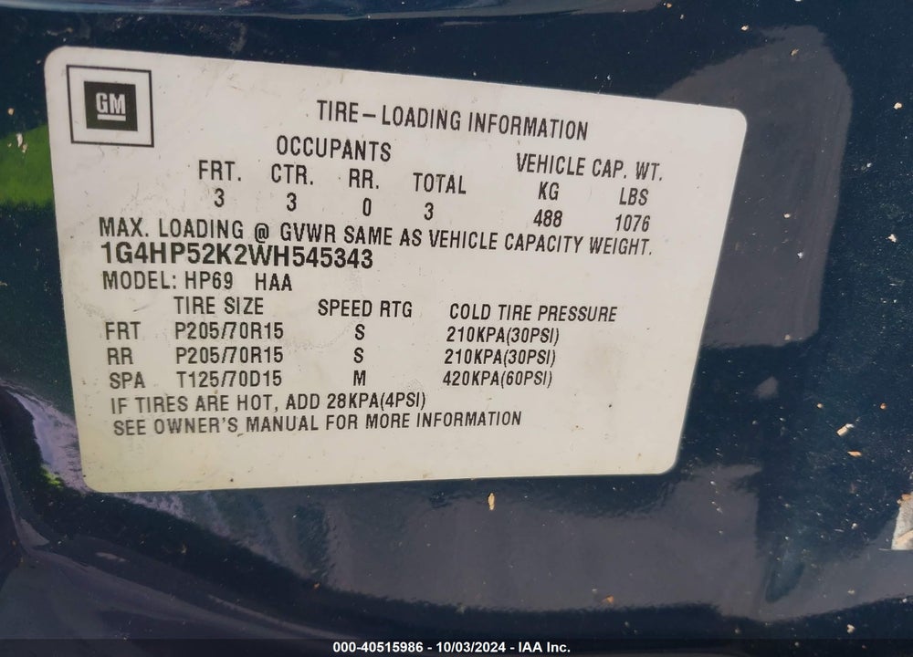 1998 BUICK LESABRE CUSTOM VIN: 1G4HP52K2WH545343