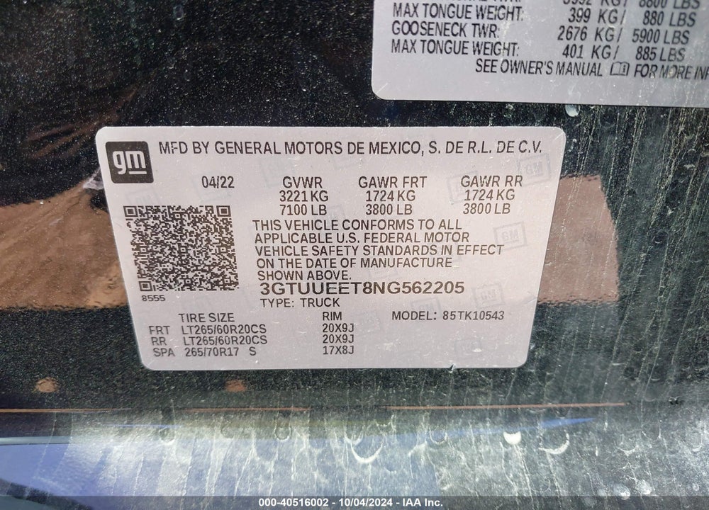 2022 GMC SIERRA 1500 4WD SHORT BOX AT4 VIN: 3GTUUEET8NG562205