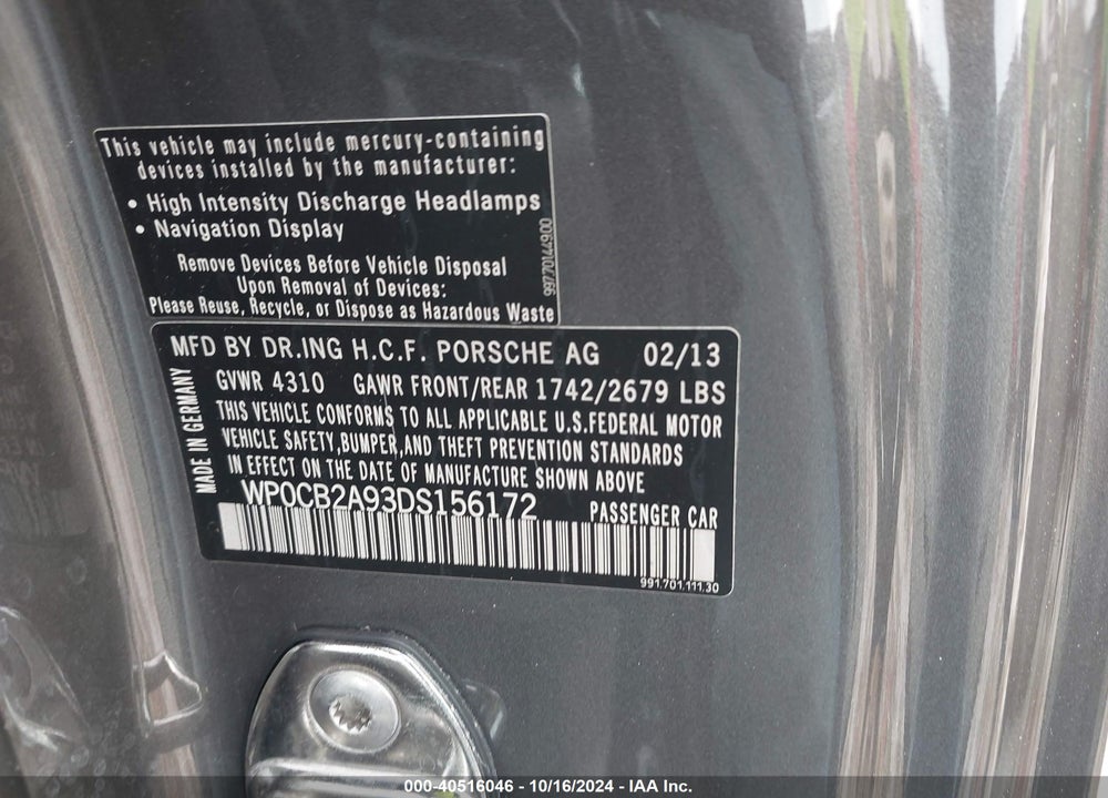 2013 PORSCHE 911 CARRERA 4S/CARRERA S VIN: WP0CB2A93DS156172