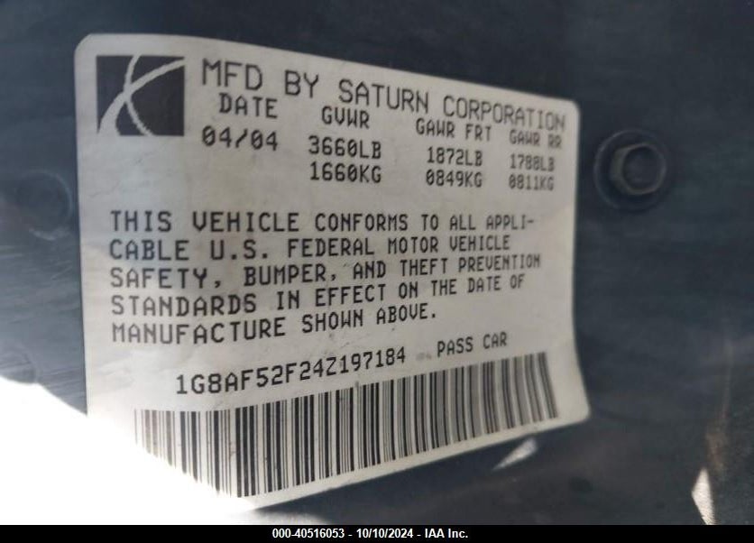 2004 SATURN ION 1 VIN: 1G8AF52F24Z197184