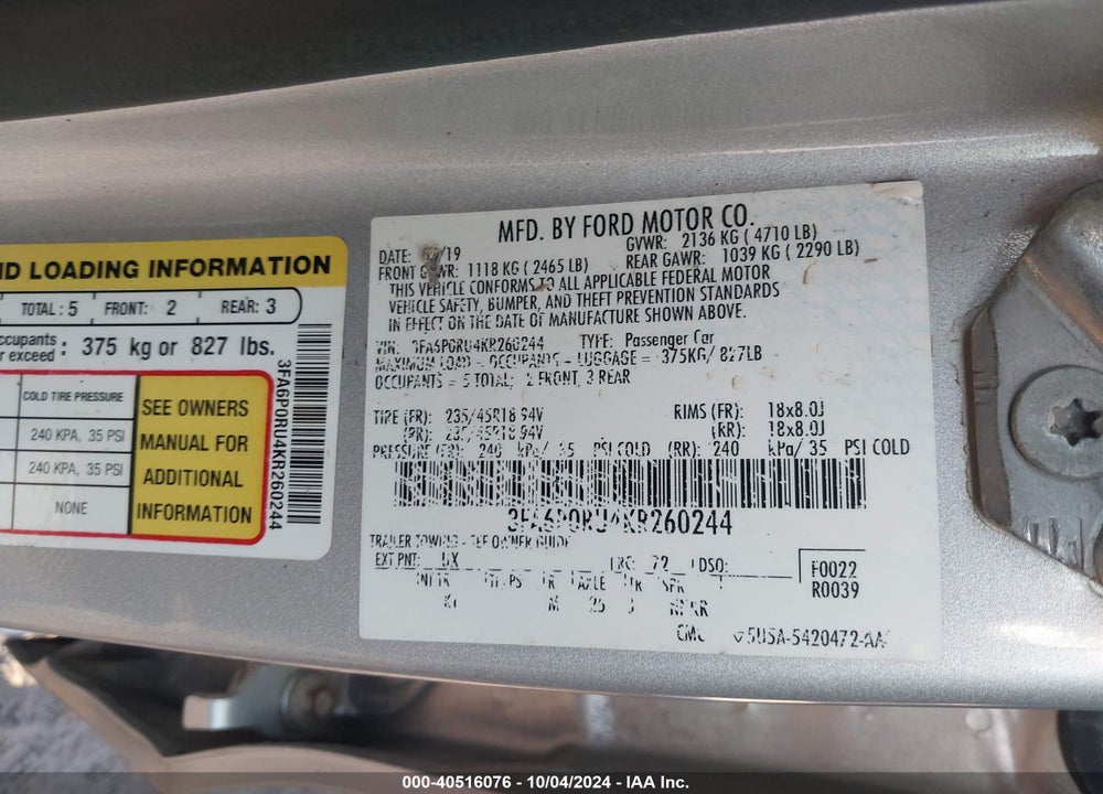 2019 FORD FUSION HYBRID TITANIUM VIN: 3FA6P0RU4KR260244