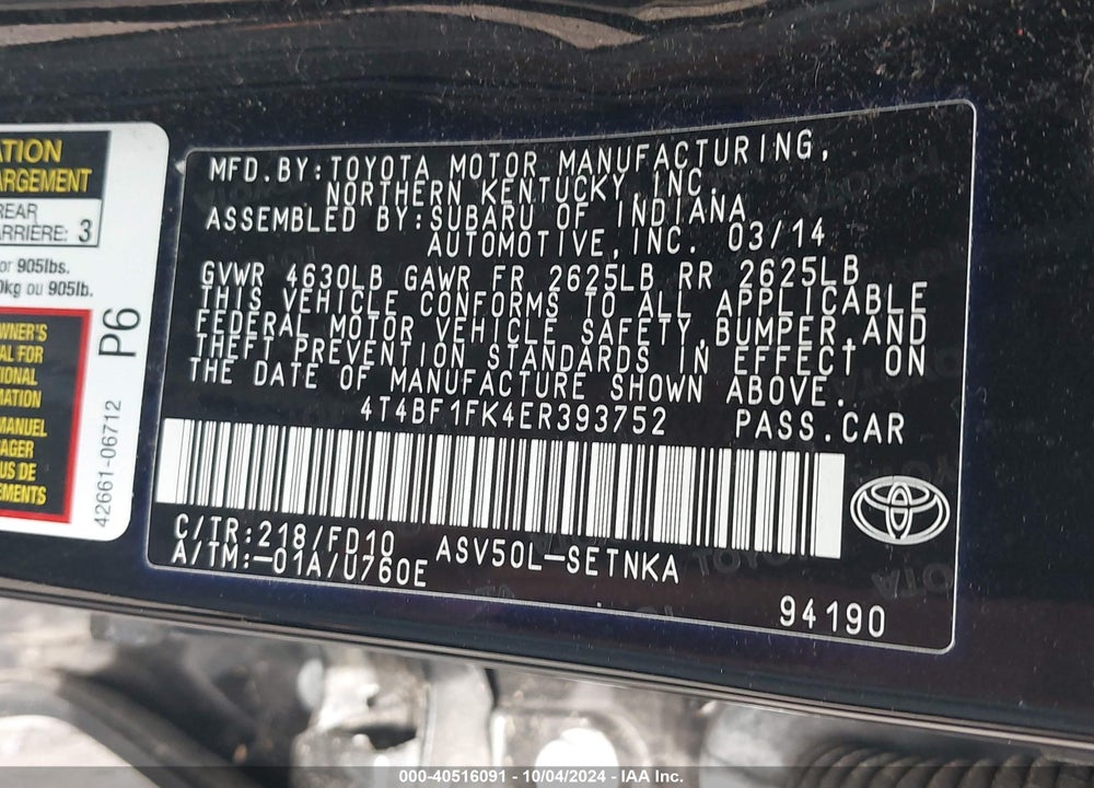 2014 TOYOTA CAMRY LE VIN: 4T4BF1FK4ER393752