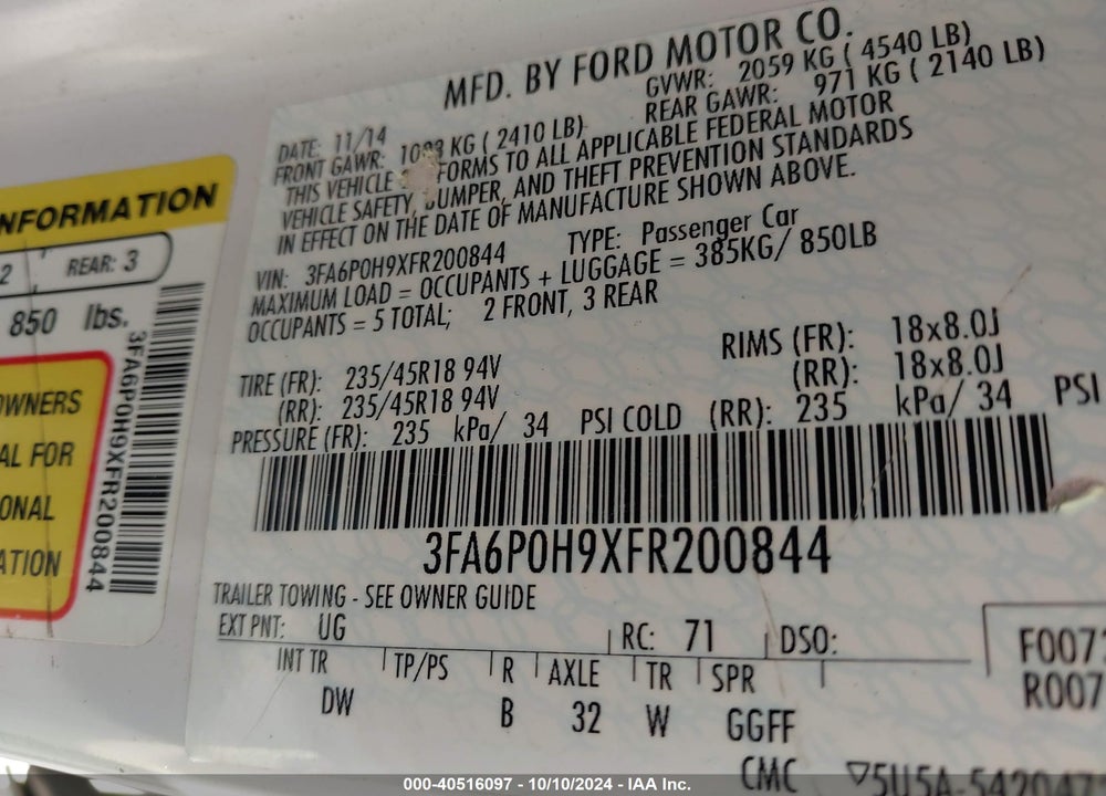 2015 FORD FUSION SE VIN: 3FA6P0H9XFR200844