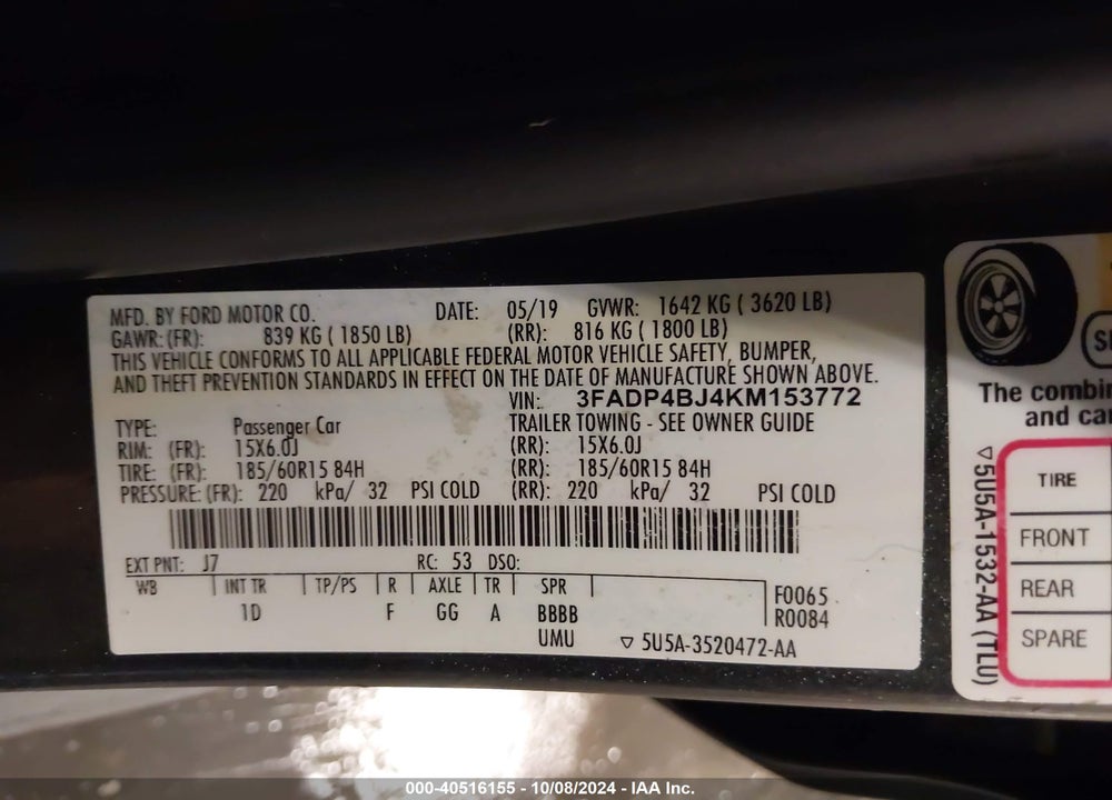 2019 FORD FIESTA SE VIN: 3FADP4BJ4KM153772