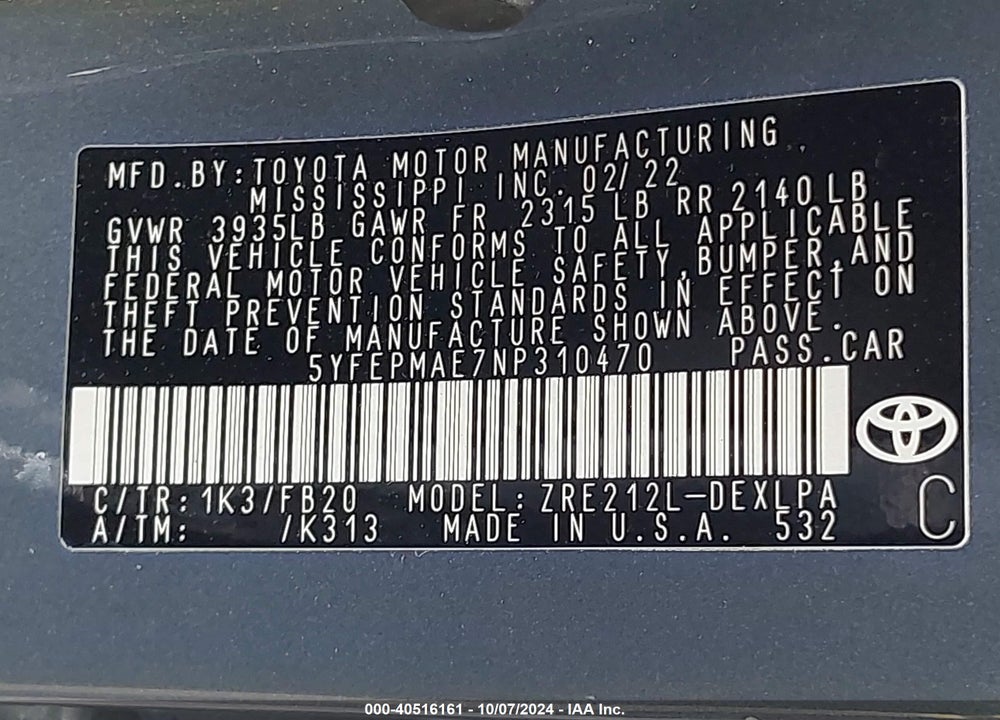 2022 TOYOTA COROLLA LE VIN: 5YFEPMAE7NP310470