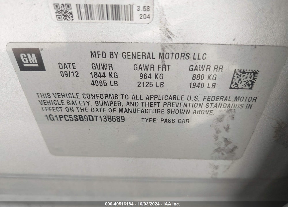2013 CHEVROLET CRUZE 1LT AUTO VIN: 1G1PC5SB9D7138689