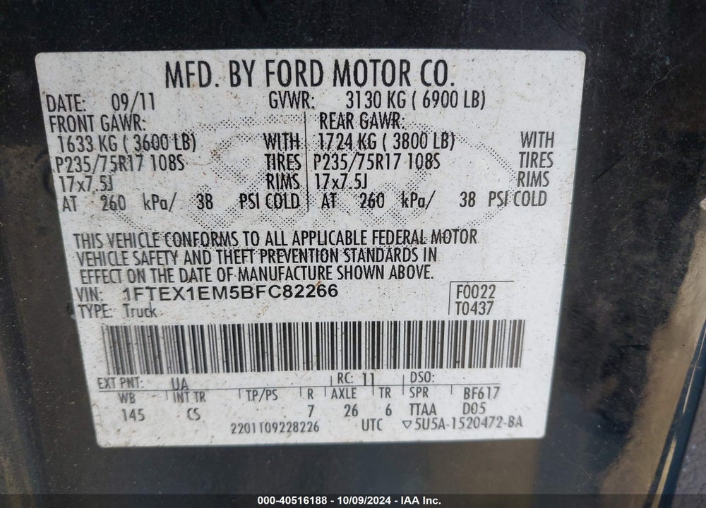 2011 FORD F-150 XL VIN: 1FTEX1EM5BFC82266